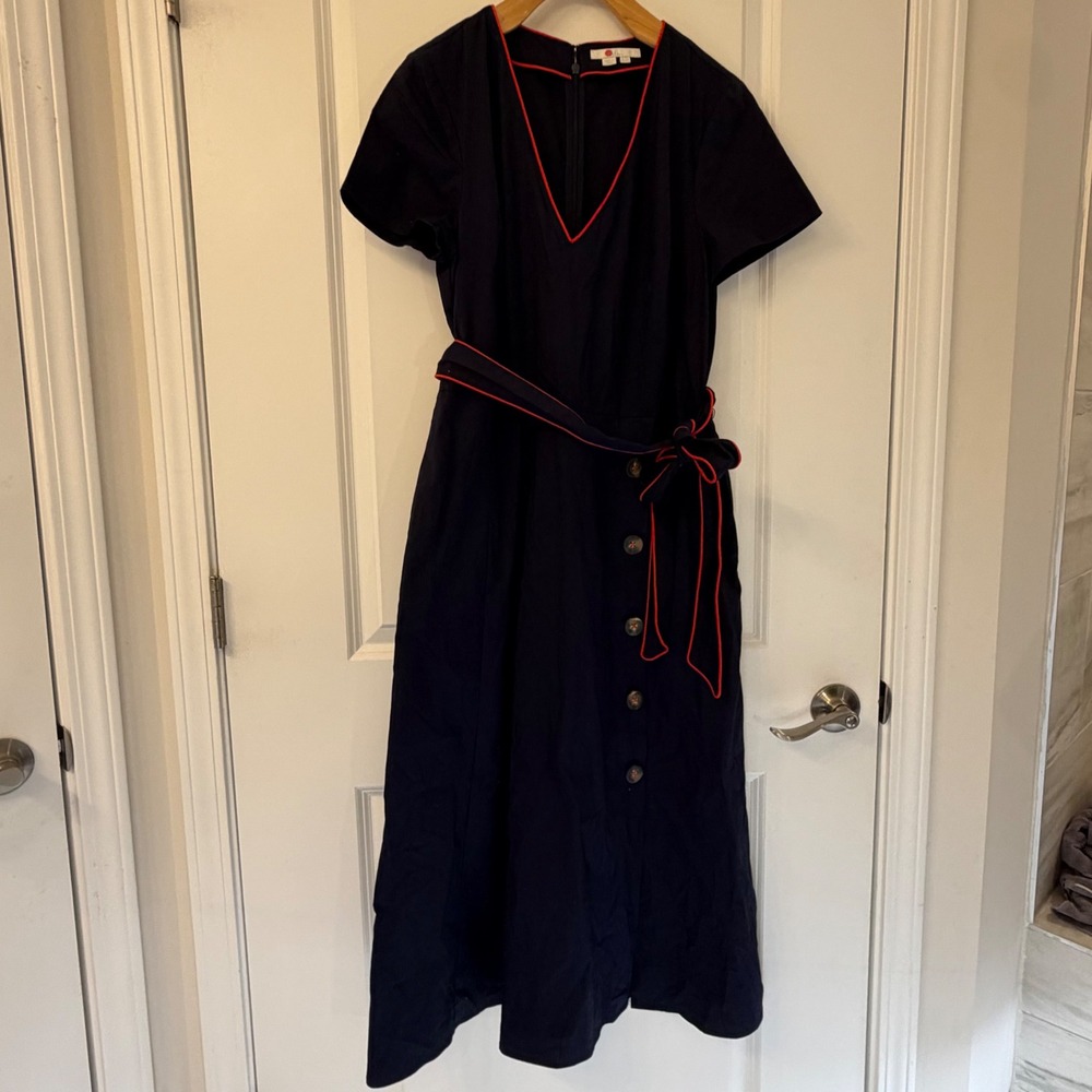 Boden Navy Blue Red Trim V-Neck Belted Midi Dress W0486 Size US‎ 10R